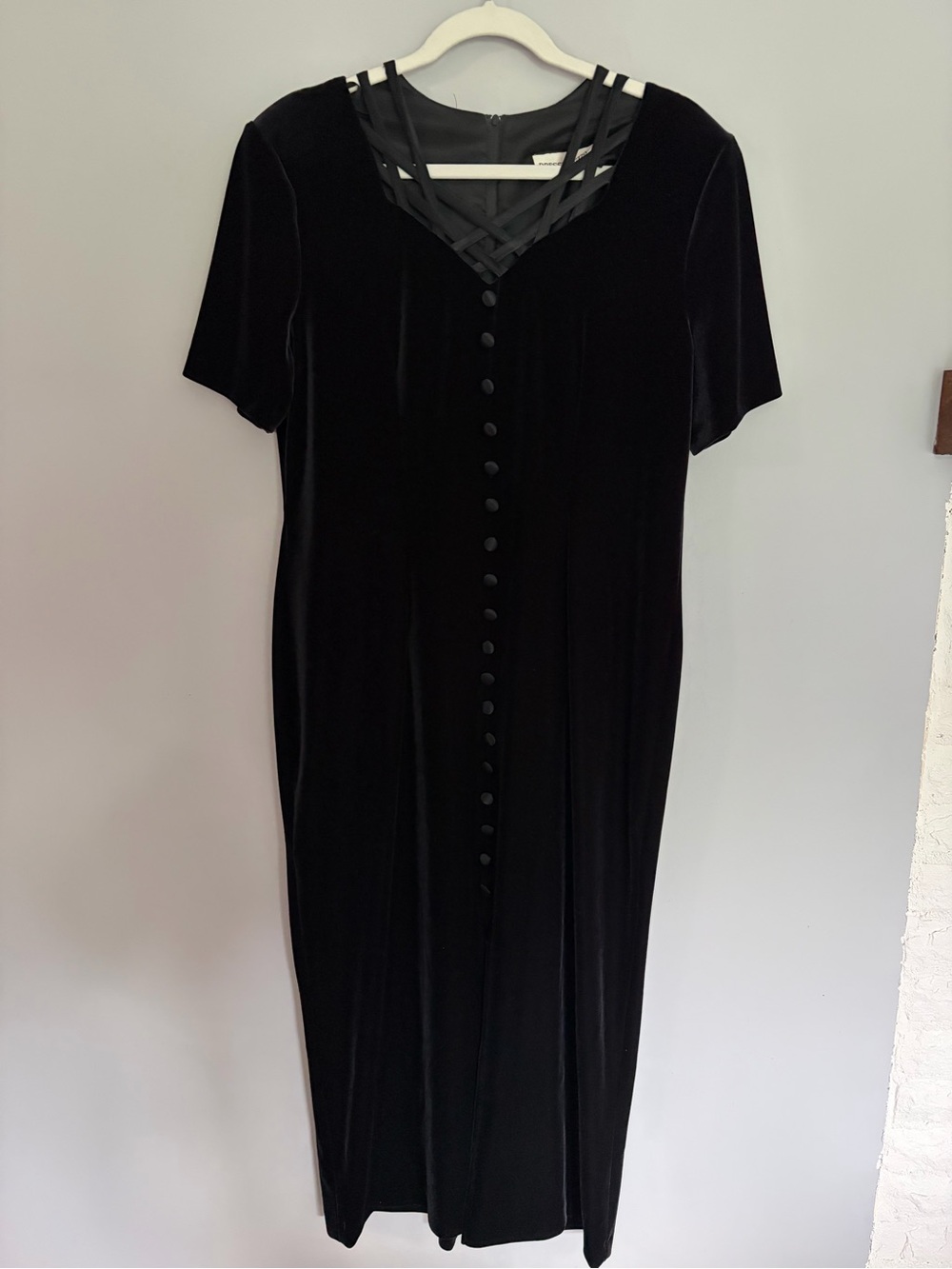 Vintage 90s Grunge Maxi Dress Size XL Black Velvet Dark Whimsygoth Cage Neckline - Picture 8 of 13